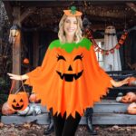 HEYFIZZ 3 PCS Pumpkin Costume for Women,Halloween Pumpkin Poncho for Adults,Halloween Costume for Women with Accessories