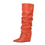 MODENCOCO Orange Women’s Fold Over Knee High Boots Wedge Heel Pointed Toe Boots High Heels Ruched Slouchy Pleated Dress Boots Wide Calf Tall Boots for Women Size 8.5