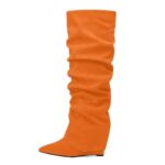 WAYDERNS Orange Knee High Boots for Women Wedge Heel Slouchy Pointed Toe 4 Inch Pull on Tall Boots Comfortable Casual Work Party Fall Winter Shoes Size 9