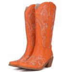 LIXGVHRO Women’s Embroider Cowgirl Boots Snip Toe Slip On Bridal Floral Cowboy Boots Casual Knee High Western Boots Chunky Heel Orange Classic Country Boots Size 7.5?