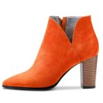 DearOnly Womens Short Bootie Ankle Boots Pointed Toe Block Chunky High Heel Suede Dress Shoes Vintage Classic Zipper Orange 3 Inch 12 US