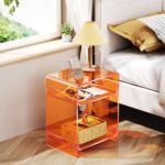 Acrylic End Table Record Player Table with Storage Shelf Clear Side Table Nightstand, Orange