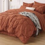 Bedsure Queen Comforter Set Burnt Orange – Bed in a Bag Queen Size 7 Pieces, Pintuck Bedding Sets Gift for Christmas, Pinch Pleat Bed Set with Queen Size Comforter, Sheets, Pillowcases & Shams