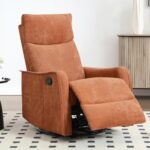 Trustyue Manual Recliner Chair, 360° Swivel Rocker Recliner with Heat and Massage for Small Space, Upholstered Fabric Glider Rocking Chair Nursery Chair with Side Pockets for Living Room, Orange