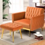 ACMEASE Velvet Accent Chair w/Adjustable Armrests and Backrest, Button Tufted Lounge Chair, Single Recliner Armchair with Ottoman and Pillow for Living Room, Bedroom,Orange